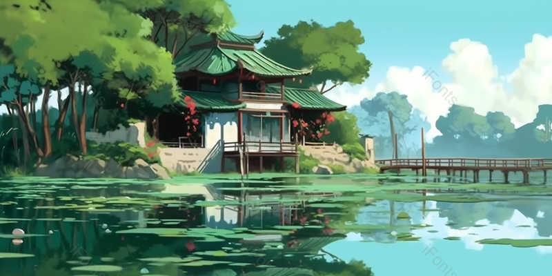 绿色古亭节气山水荷花插画背景,插画/手绘图,插画/手绘图库,插画/手绘图下载,插画/手绘